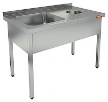 НДСО1М-12/7БЛ стол-моечная ванна левая, 1 секц. (500х500х300), с правым крылом стола для отходов